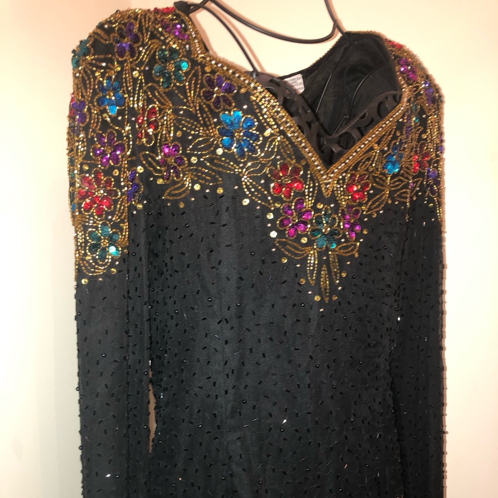 Scala Size 1x Silk Multicolor Black Beaded Sequin Dress Long Sleeve Evening Gown